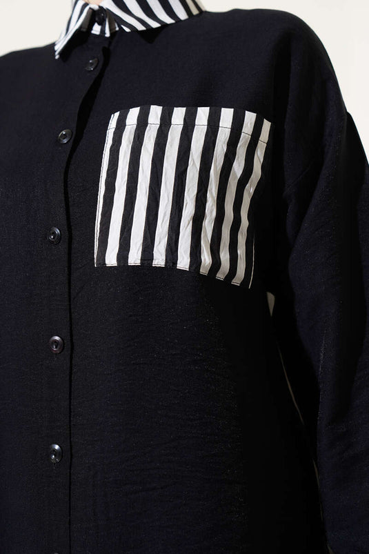 Ensemble deux pièces chemise rayée à poches détaillées noir