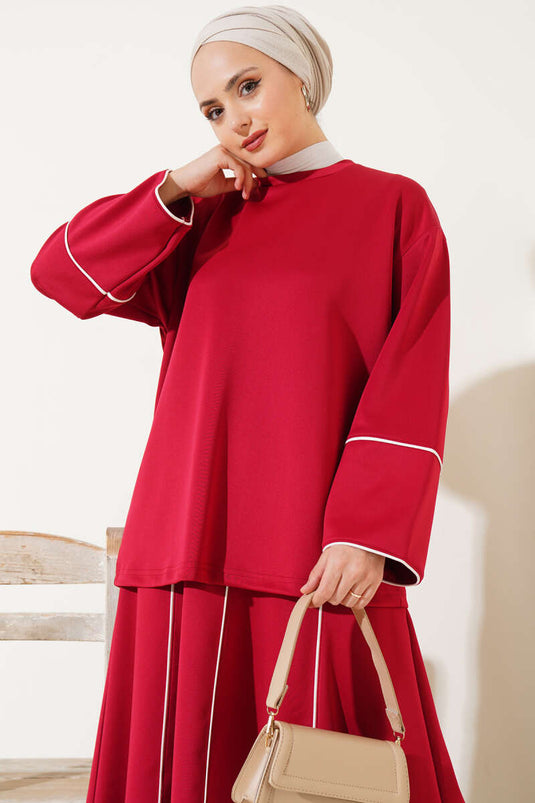 Gestreept gedetailleerd gerokt scuba tweedelig pak bordeauxrood