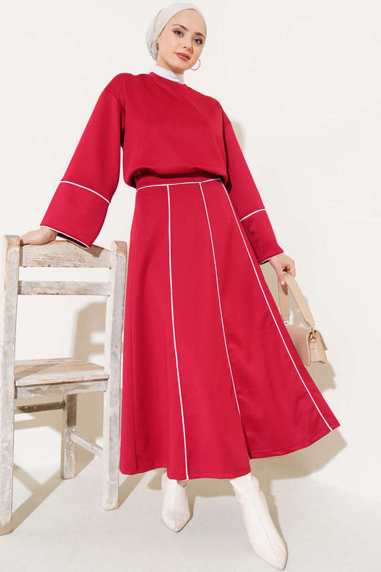 Gestreept gedetailleerd gerokt scuba tweedelig pak bordeauxrood