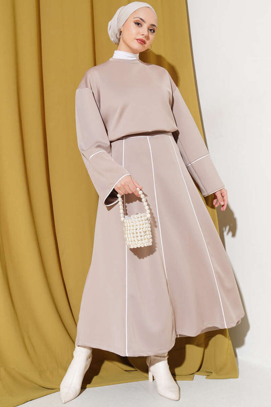 Striped Detailed Skirted Scuba Two-Piece Set Latte