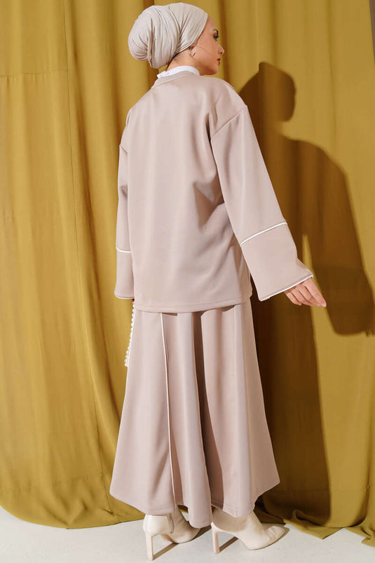 Çizgi Detaylı Etekli Scuba İkili Takım Latte