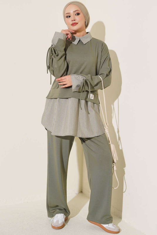 Ensemble Deux Pièces En Tricot À Rayures Kaki
