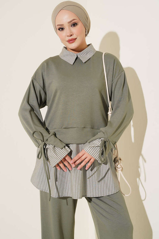 Ensemble Deux Pièces En Tricot À Rayures Kaki