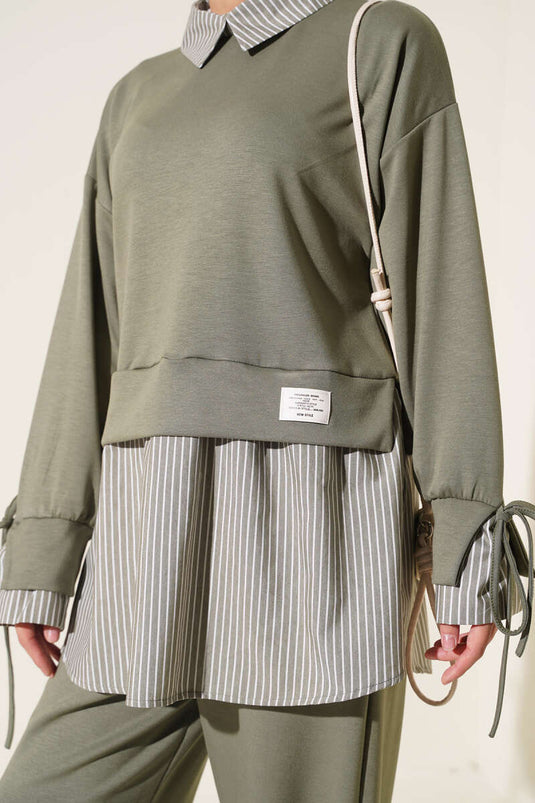 Ensemble Deux Pièces En Tricot À Rayures Kaki