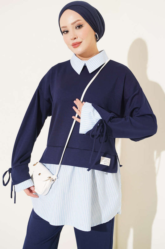 Completo Due Pezzi In Maglia A Righe Blu Navy