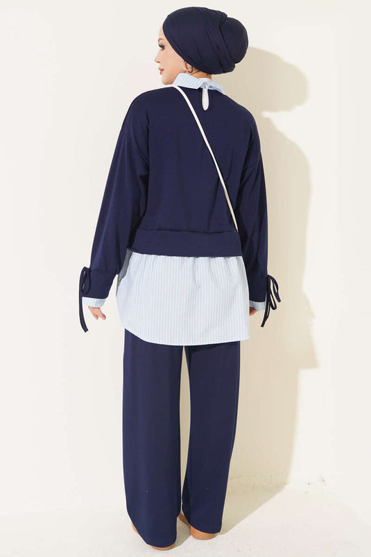 Completo Due Pezzi In Maglia A Righe Blu Navy