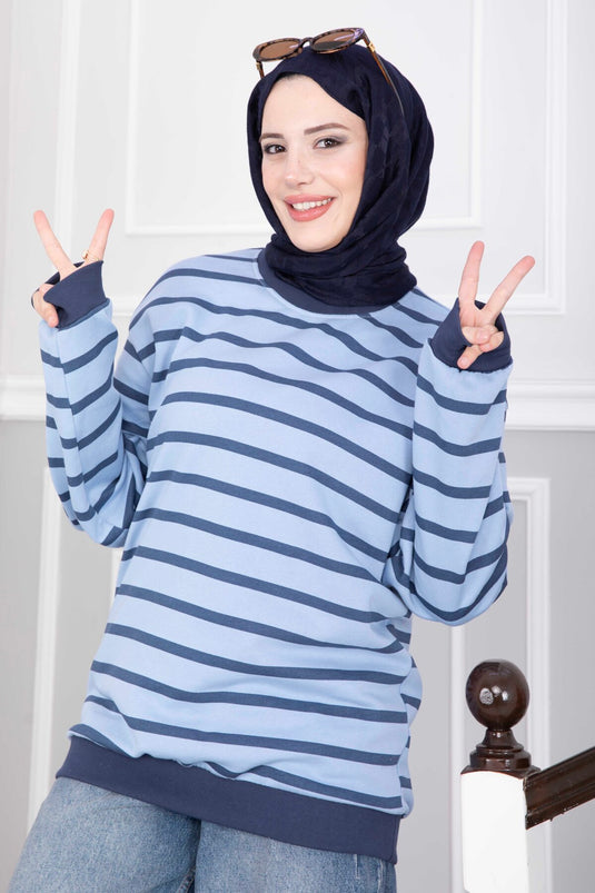 Tunika Felpa Con Dettagli A Righe Indigo