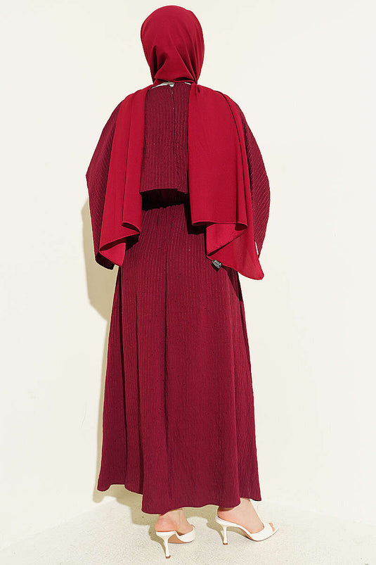 Burgundy Dress with Pleated Stitching, Elastic Waist, and Cape