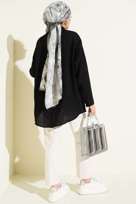 Black Oversized Shirt with Sequin and Line Stitching