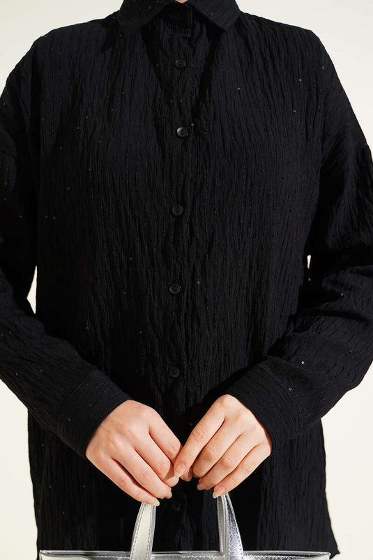 Black Oversized Shirt with Sequin and Line Stitching