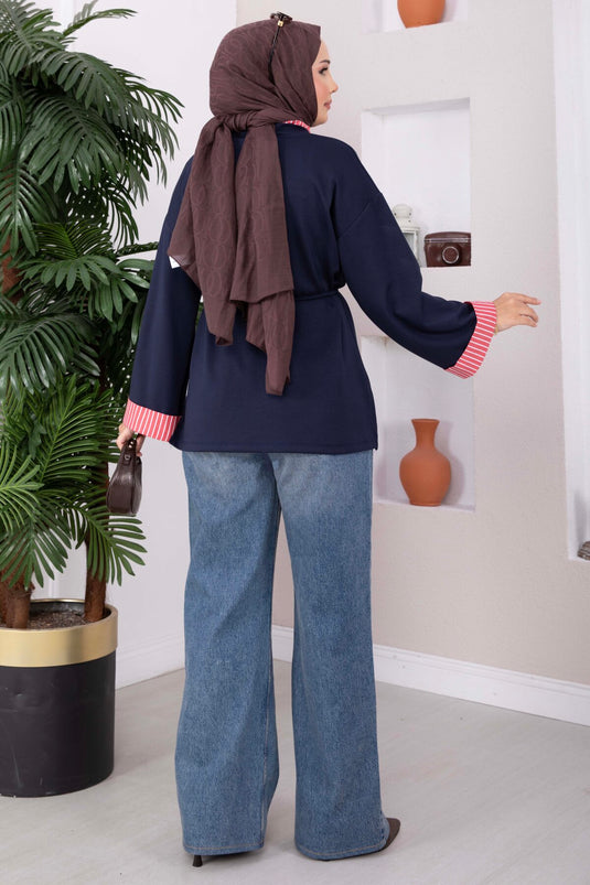 Striped Knit Tie-Front Tunic In Navy