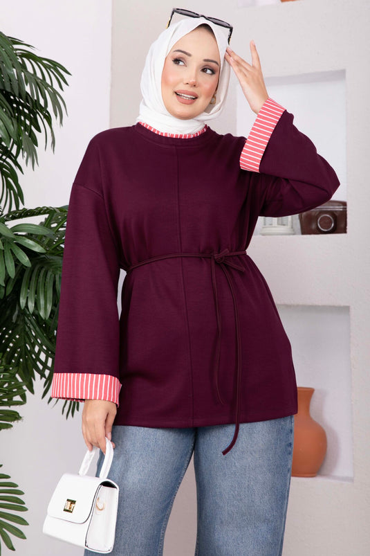 Tunika A Righe In Maglia Con Fiocco In Prugna
