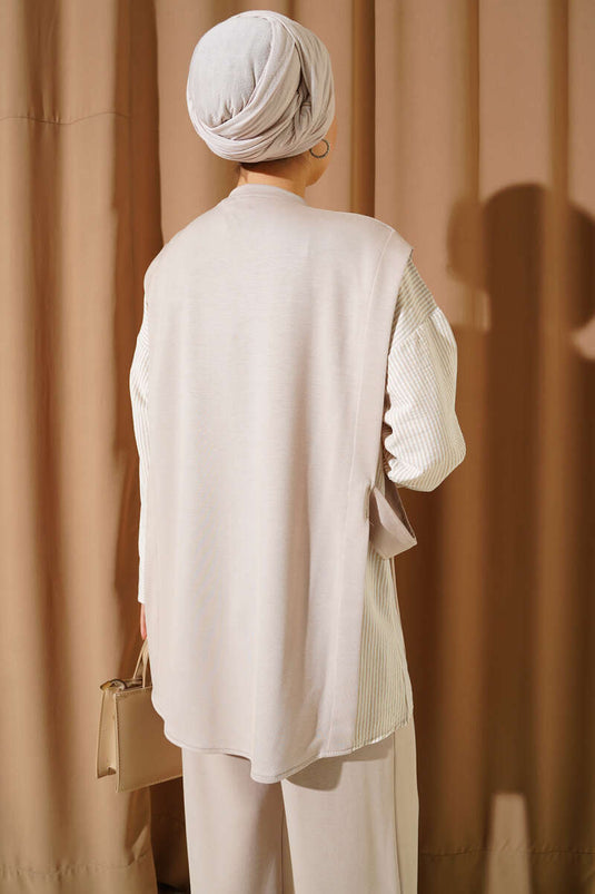 Çizgi Garnili Bisiklet Yaka Loyşa İkili Takım Bej