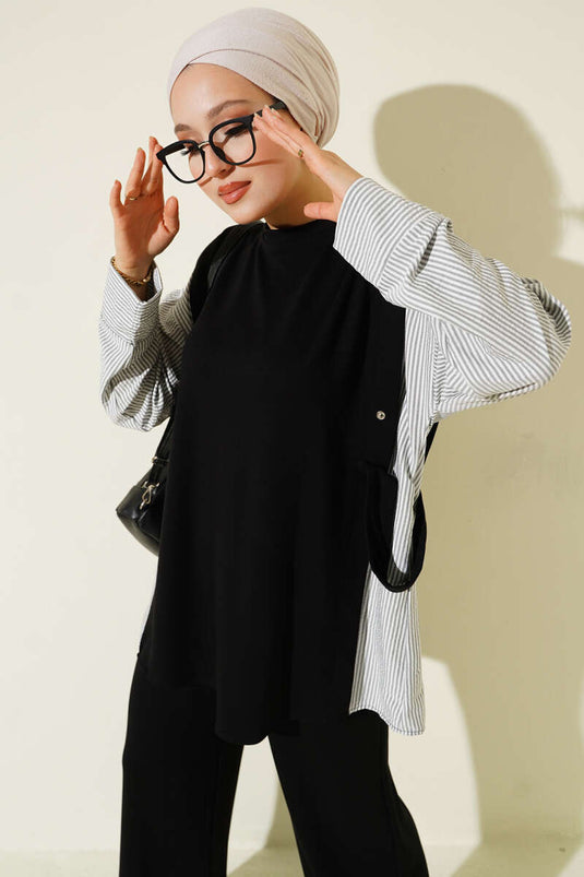 Çizgi Garnili Bisiklet Yaka Loyşa İkili Takım Siyah