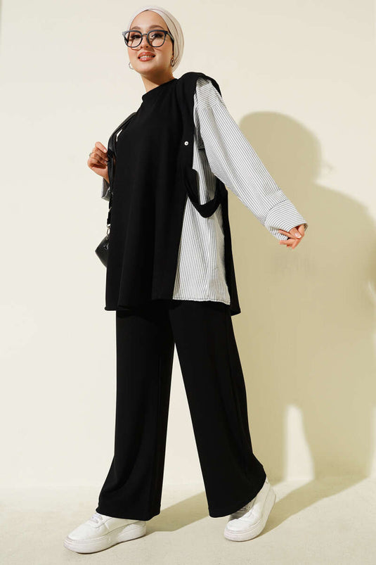 Çizgi Garnili Bisiklet Yaka Loyşa İkili Takım Siyah