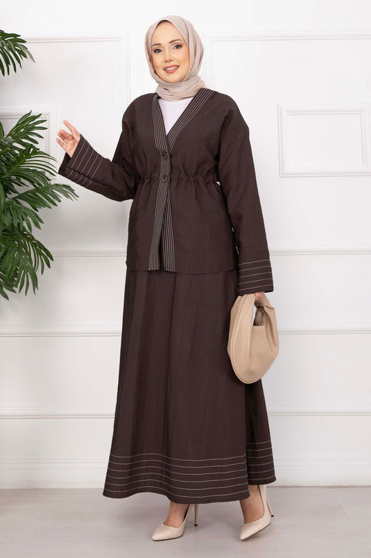 Striped Trim Jacket and Skirt Set Brown