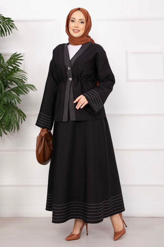 Striped Trim Jacket and Skirt Set Black