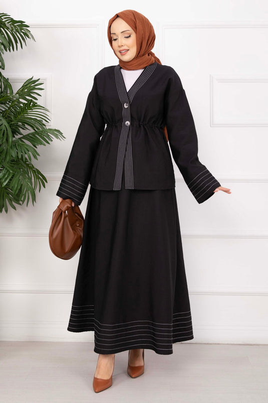 Striped Trim Jacket and Skirt Set Black