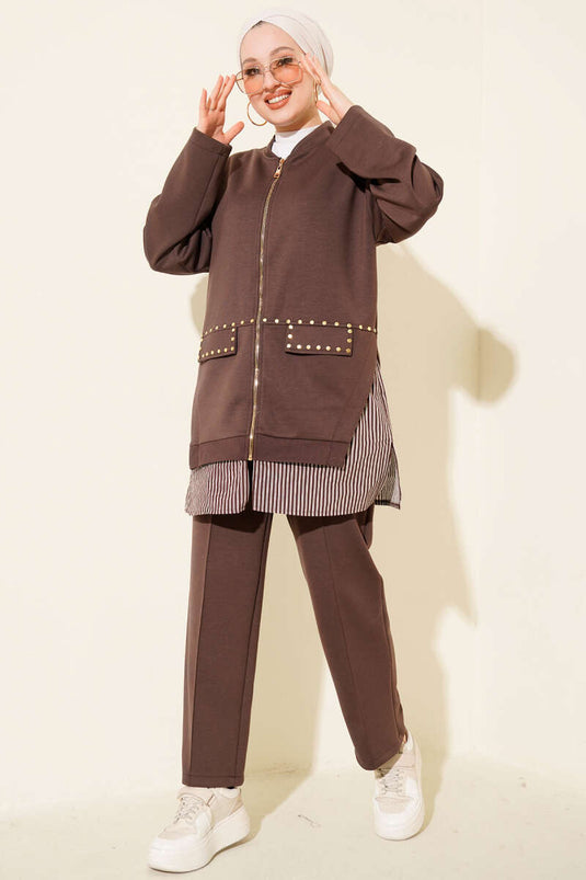 Two-Piece Set with Stitch Trim and Staple Detail Brown