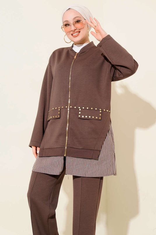 Two-Piece Set with Stitch Trim and Staple Detail Brown