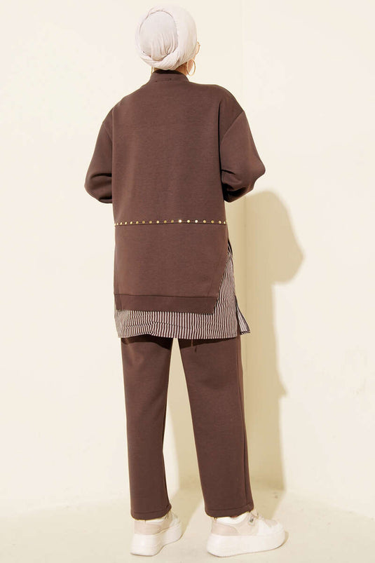 Two-Piece Set with Stitch Trim and Staple Detail Brown