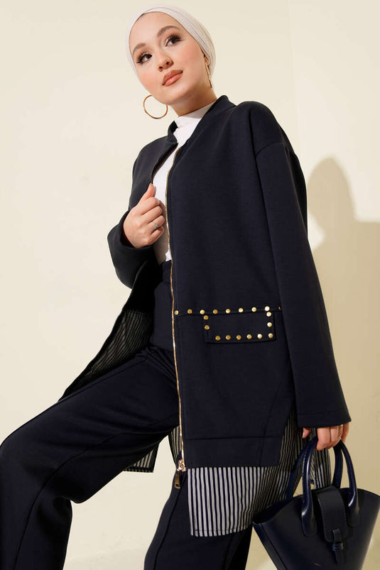 Ensemble Deux Pièces avec Détails Agrafe et Garniture à Rayures Bleu Marine