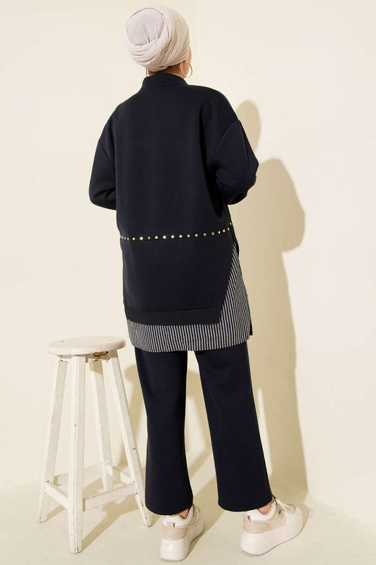 Ensemble Deux Pièces avec Détails Agrafe et Garniture à Rayures Bleu Marine