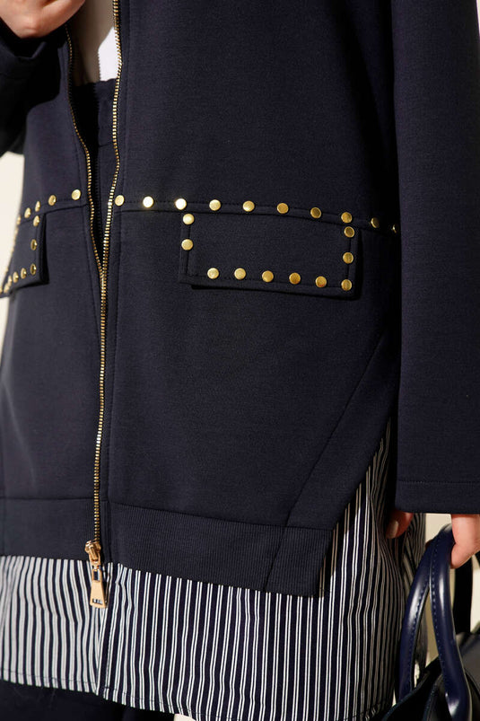 Ensemble Deux Pièces avec Détails Agrafe et Garniture à Rayures Bleu Marine