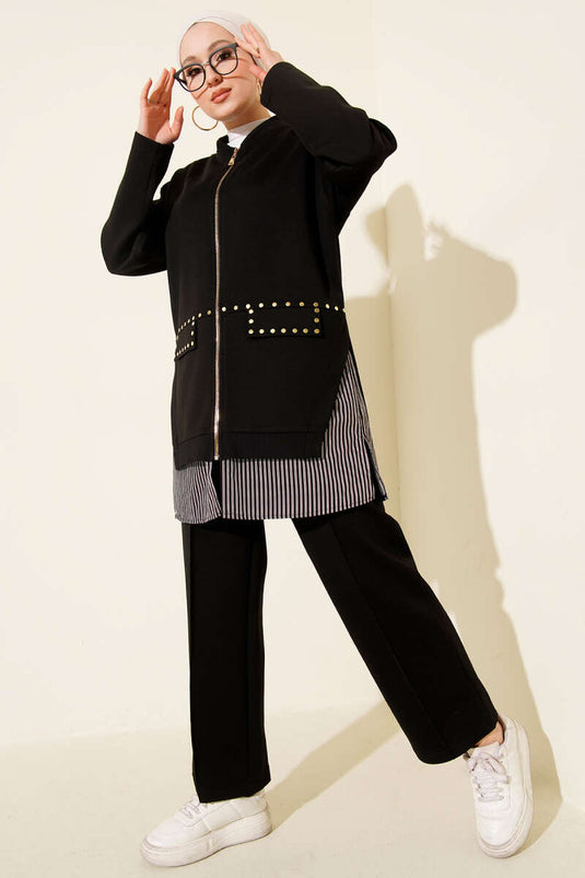 Zweiteiliges Set mit Linienbesatz und Hefterdetail Schwarz