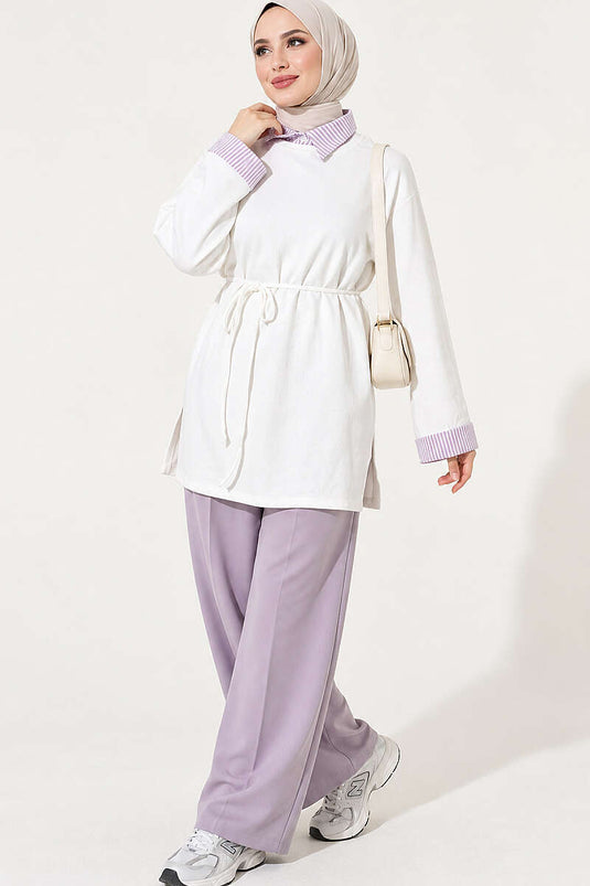Çizgi Gömlek Garnili Basic Tunik Ekru