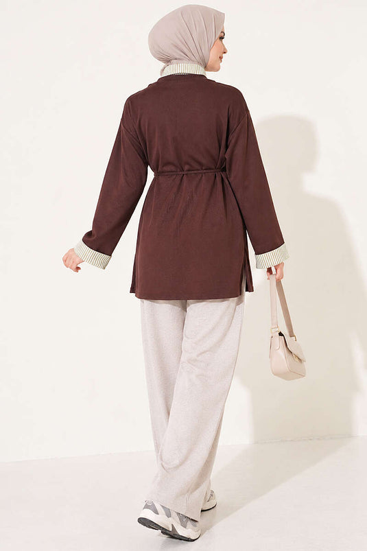 Çizgi Gömlek Garnili Basic Tunik Kahve