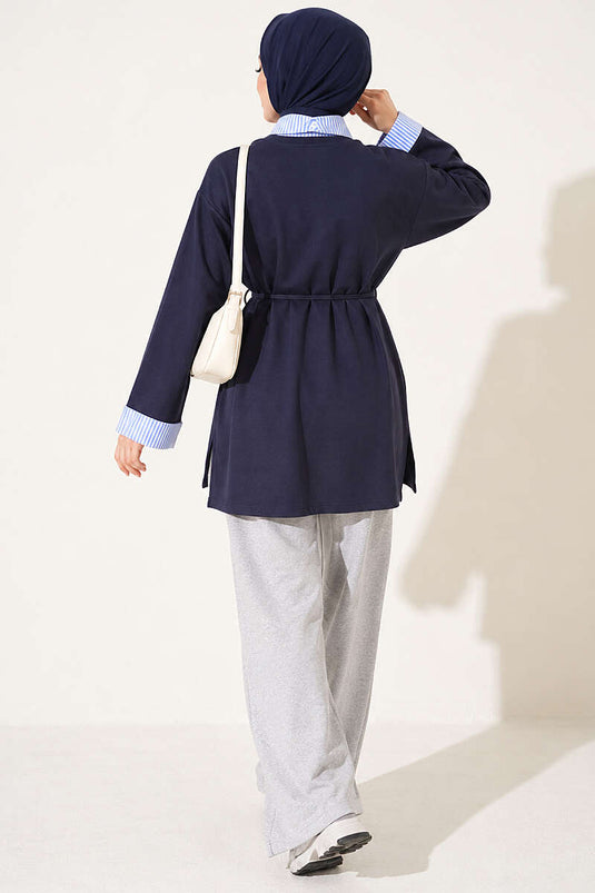 Çizgi Gömlek Garnili Basic Tunik Lacivert