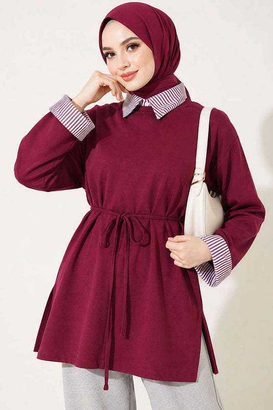 Çizgi Gömlek Garnili Basic Tunik Mürdüm