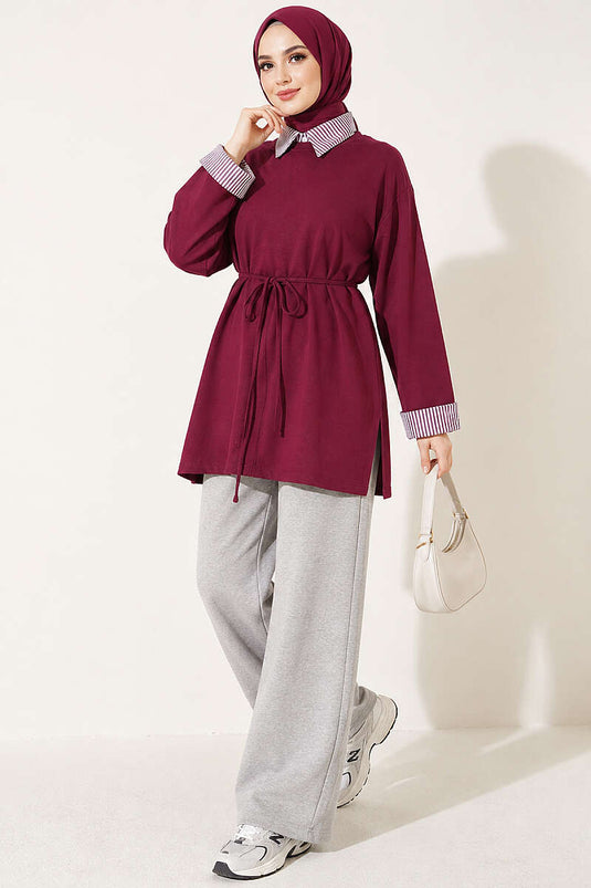 Çizgi Gömlek Garnili Basic Tunik Mürdüm