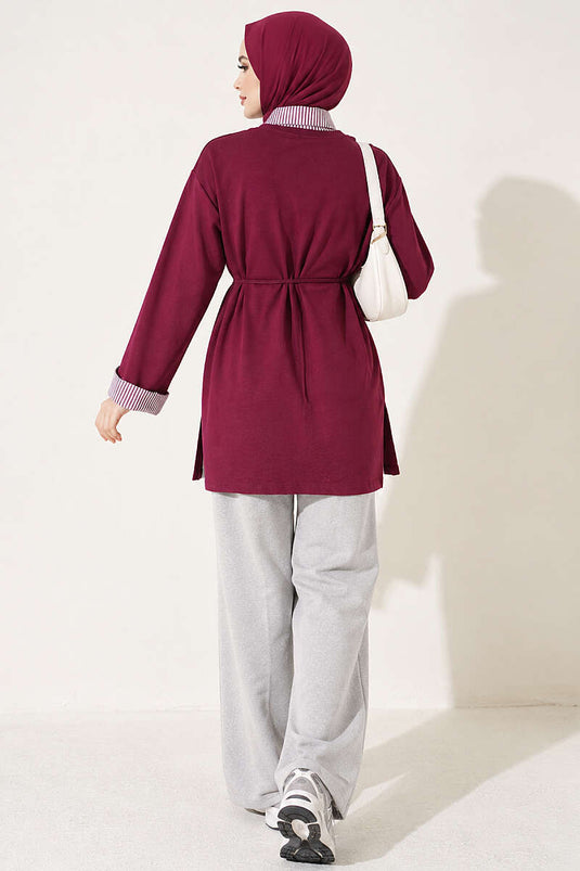 Çizgi Gömlek Garnili Basic Tunik Mürdüm