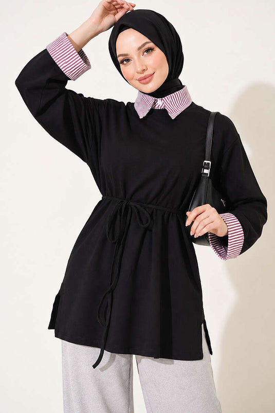 Çizgi Gömlek Garnili Basic Tunik Siyah