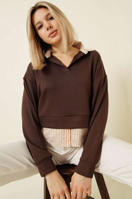 Çizgi Gömlek Garnili Kısa Sweatshirt Kahve