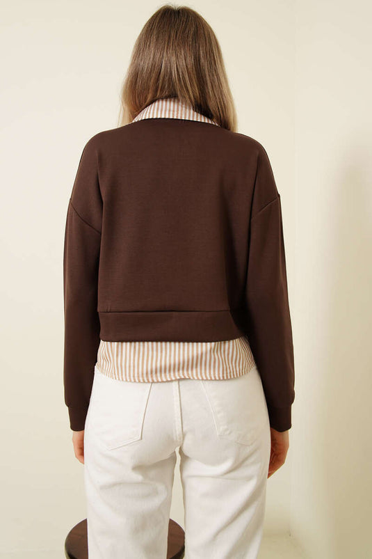 Çizgi Gömlek Garnili Kısa Sweatshirt Kahve