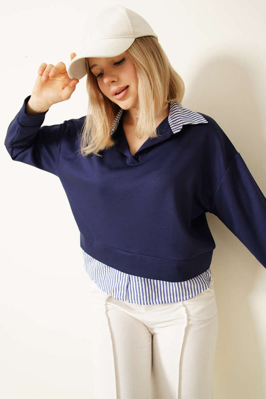 Striped Shirt-Trimmed Short Sweatshirt Navy Blue