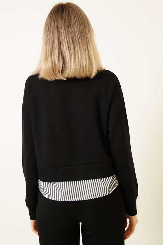 Çizgi Gömlek Garnili Kısa Sweatshirt Siyah