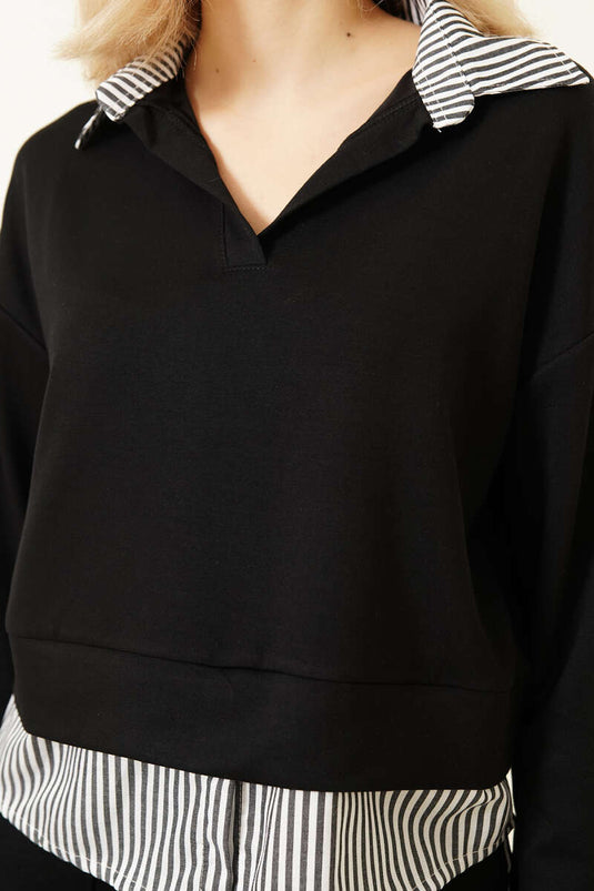 Çizgi Gömlek Garnili Kısa Sweatshirt Siyah