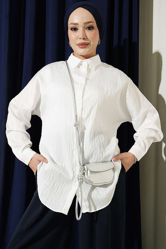 Camicia Basic Con Rilievo A Righe Bianca