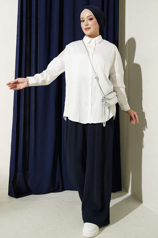 Camicia Basic Con Rilievo A Righe Bianca