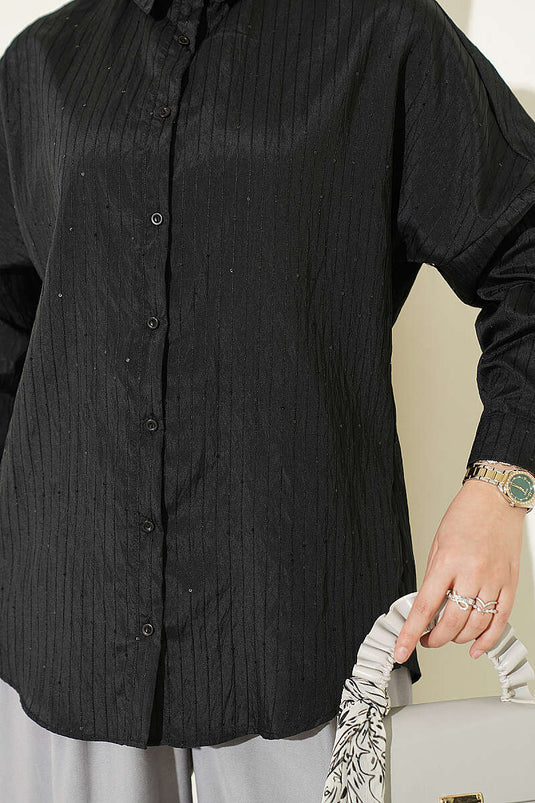 Striped Embossed Basic Shirt Black