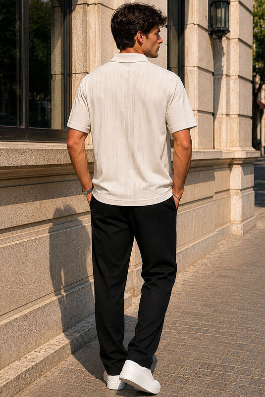 Çizgi Kabartmalı Jakar Erkek T-shirt Bej