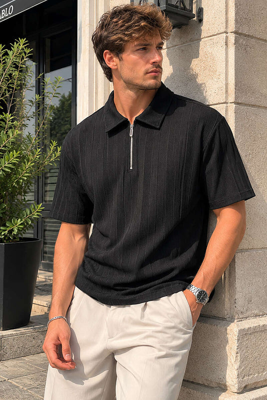 Çizgi Kabartmalı Jakar Erkek T-shirt Siyah