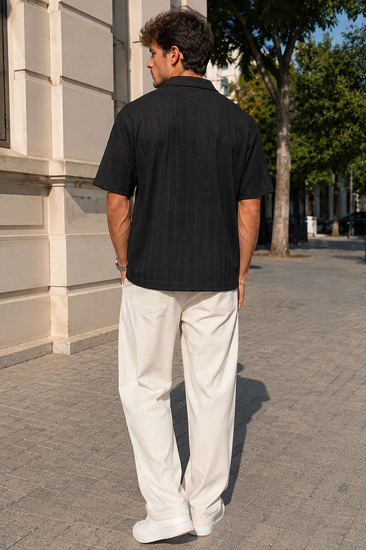Çizgi Kabartmalı Jakar Erkek T-shirt Siyah
