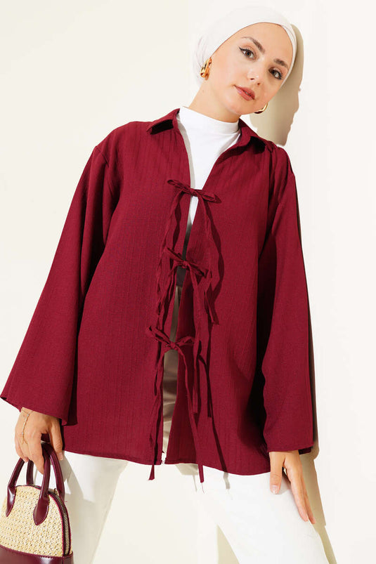 كيمونو منقوش برباط أمامي باللون العنابي