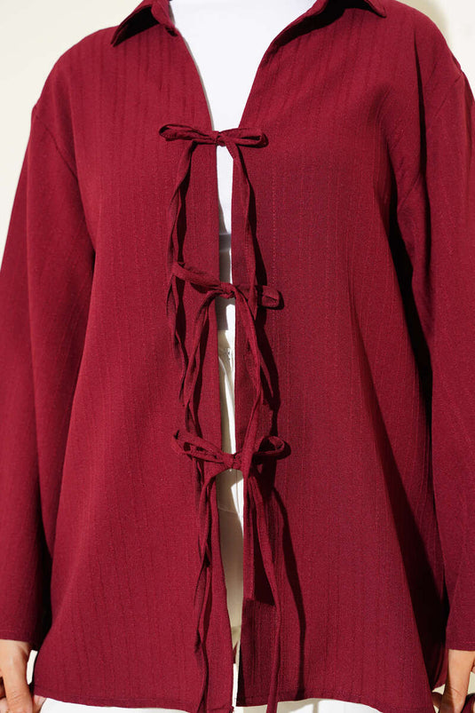 كيمونو منقوش برباط أمامي باللون العنابي