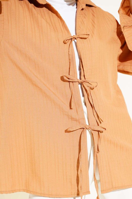 Striped Embossed Front-Tie Kimono Latte